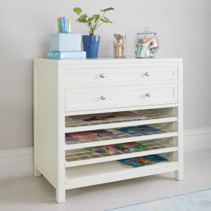 Martha Stewart Crafting Kids’ Art Storage with Drying Racks – Linen White, Wooden Artwork Organizer with Removable Wire Racks and Paint Drip Pan(Linen White)