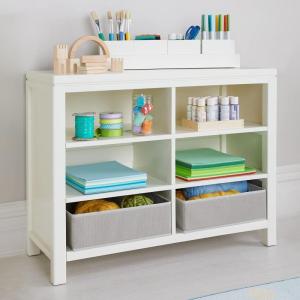 Martha Stewart Crafting Kids’ Double Open Storage – Linen White: Wooden Shelving with Bins, 6 Compartment Art Supply Organizer for Playroom(Linen White)