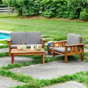 Martha Stewart Kids Outdoor Couch, Chair & Table Set: Acacia Wood 3-Piece Outdoor Furniture Set for Children | Kids Picnic Table, Sofa & Chair w/Cushions for Backyard, Garden, Porch and Patio