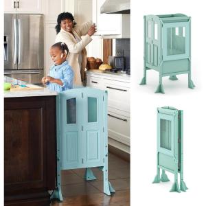 Martha Stewart Kitchen Helper ® Toddler Tower – Mint: Premium Kids Wood Foldable Kitchen Platform, Adjustable Height Safety Step Stool for Toddlers with Non-Slip Mat, Mostly Assembled(Mint)