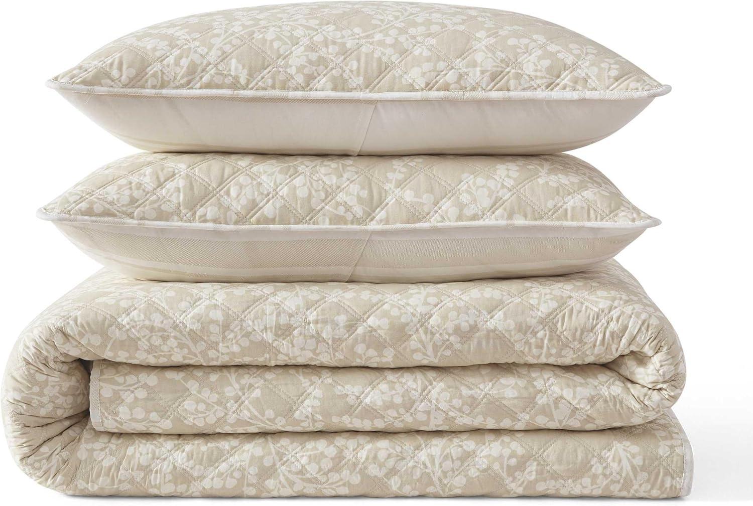 image:imageMartha Stewart Queen Size Quilt Set Soft amp Smooth Sateen Bedding with a Light and Breathable Feel 3 Piece Bed Set with Matching Pillowcases Fern Embroidery GreyLayered Branches Beige