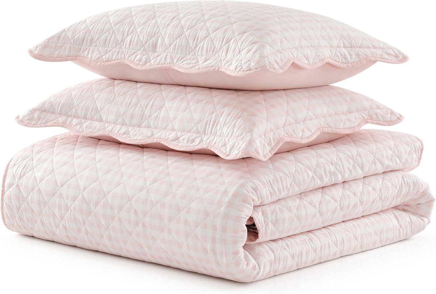 image:imageMartha Stewart Queen Size Quilt Set Soft amp Smooth Sateen Bedding with a Light and Breathable Feel 3 Piece Bed Set with Matching Pillowcases Fern Embroidery GreyOlivia Gingham Pink