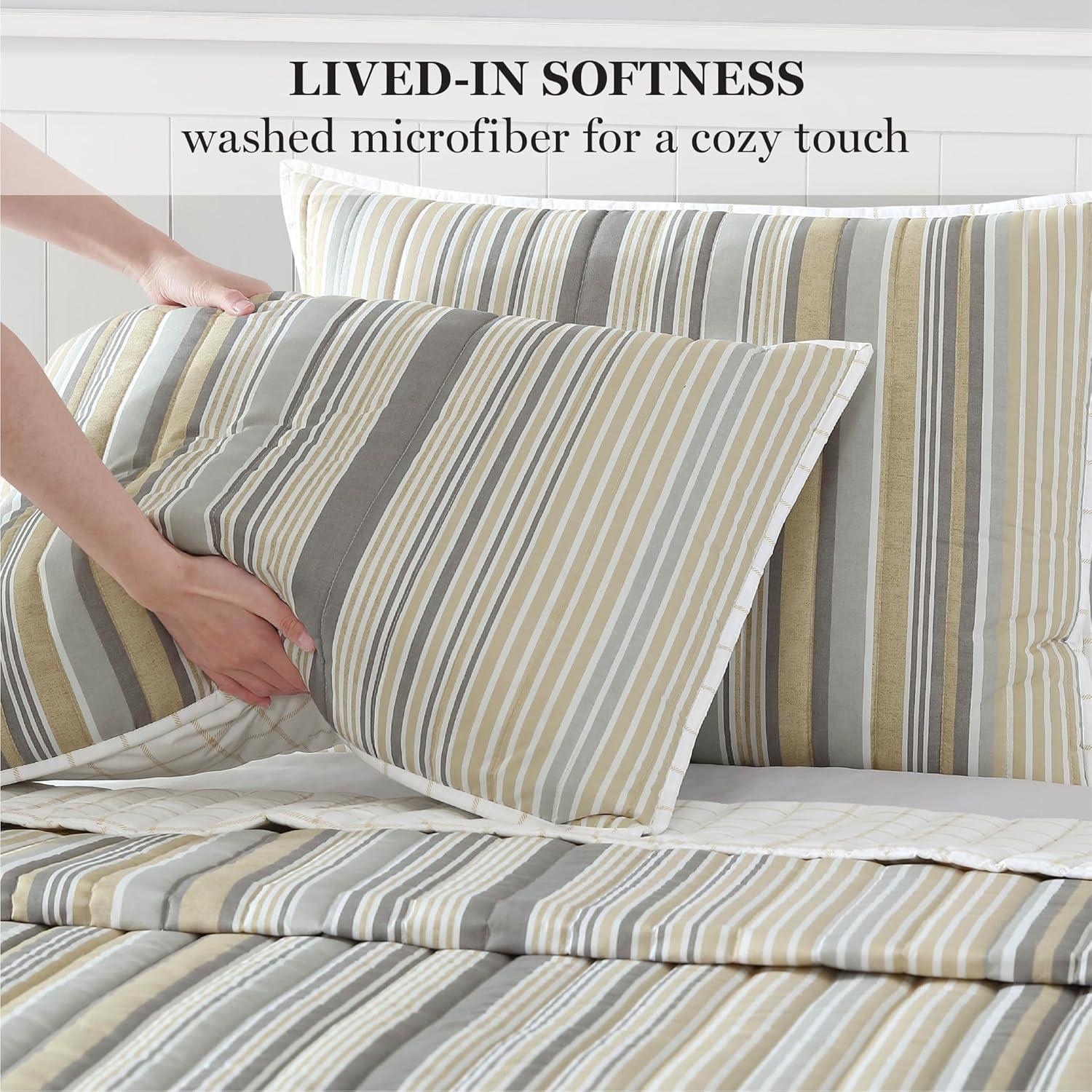 image:imageMartha Stewart Queen Size Quilt Set Soft amp Smooth Sateen Bedding with a Light and Breathable Feel 3 Piece Bed Set with Matching Pillowcases Fern Embroidery GreyLefferts Stripe
