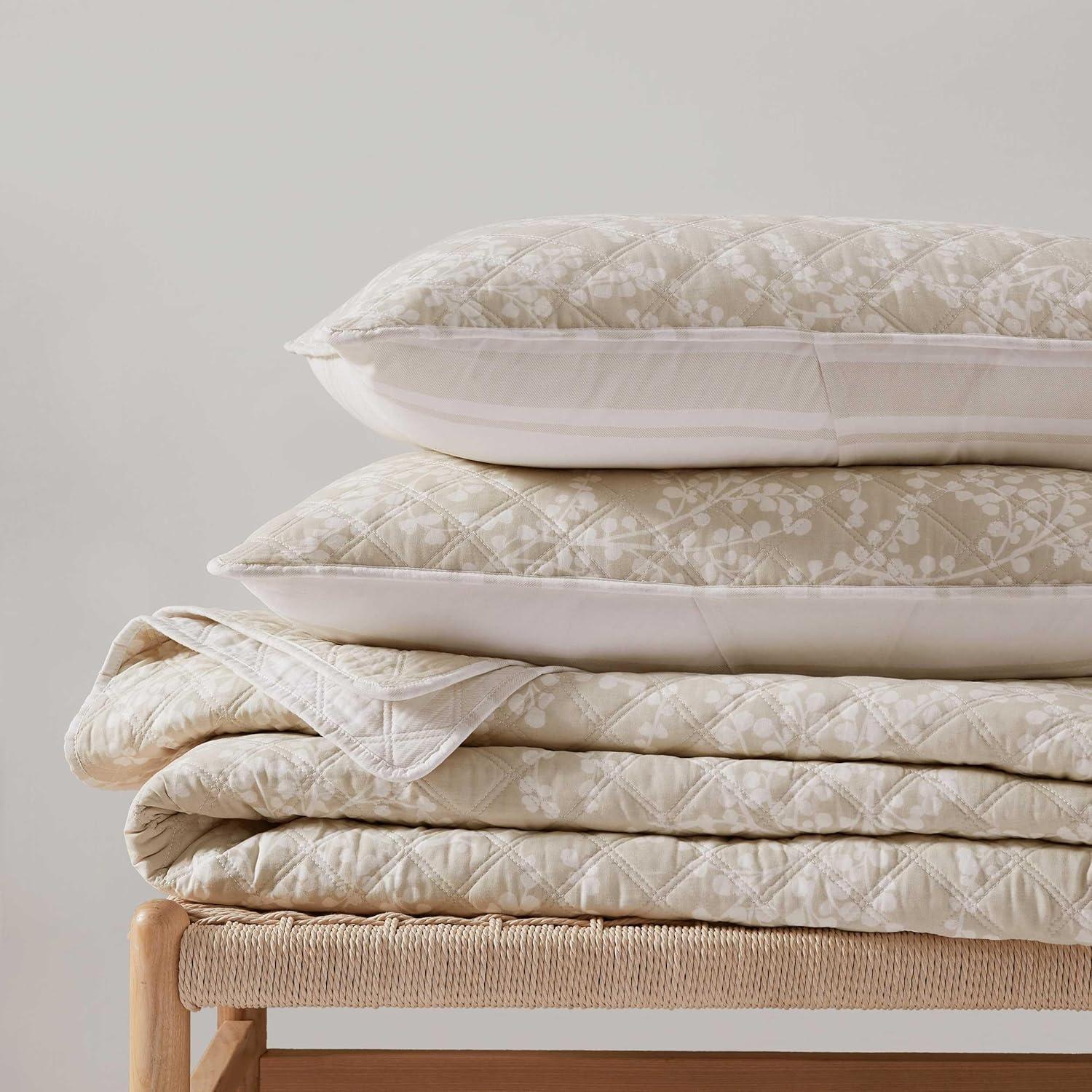 image:imageMartha Stewart Queen Size Quilt Set Soft amp Smooth Sateen Bedding with a Light and Breathable Feel 3 Piece Bed Set with Matching Pillowcases Fern Embroidery GreyLayered Branches Beige