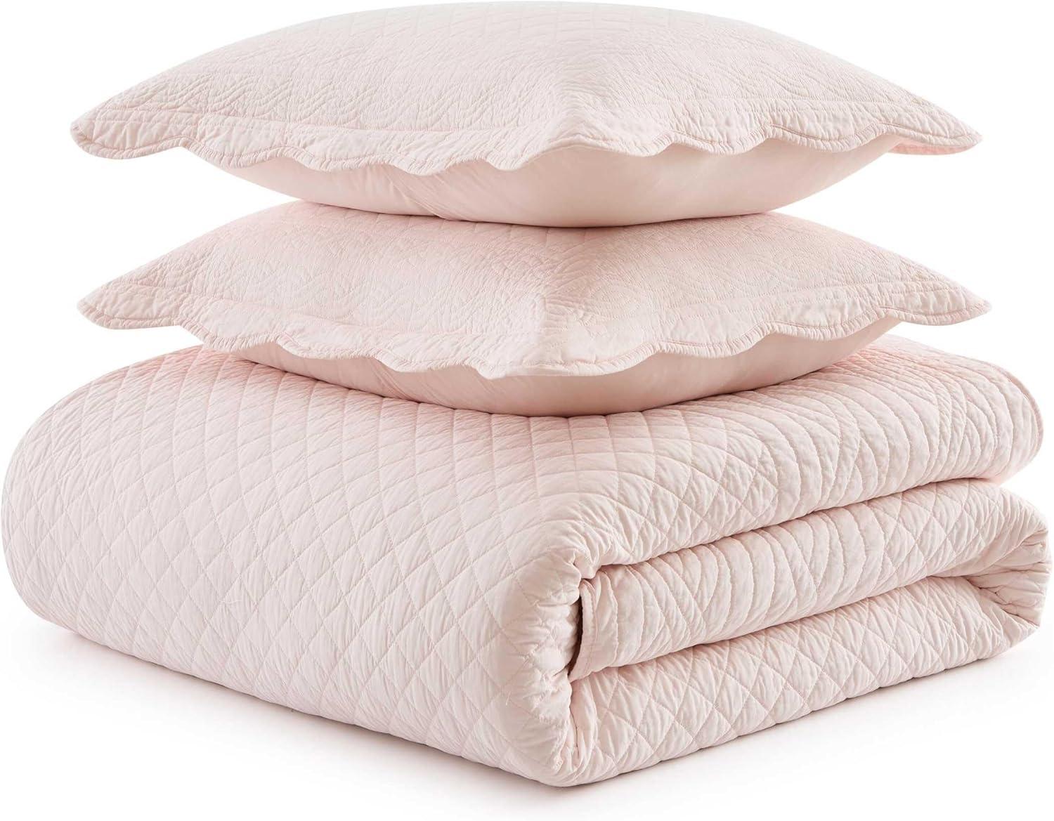 image:imageMartha Stewart Queen Size Quilt Set Soft amp Smooth Sateen Bedding with a Light and Breathable Feel 3 Piece Bed Set with Matching Pillowcases Fern Embroidery GreyVintage Scallop Pink