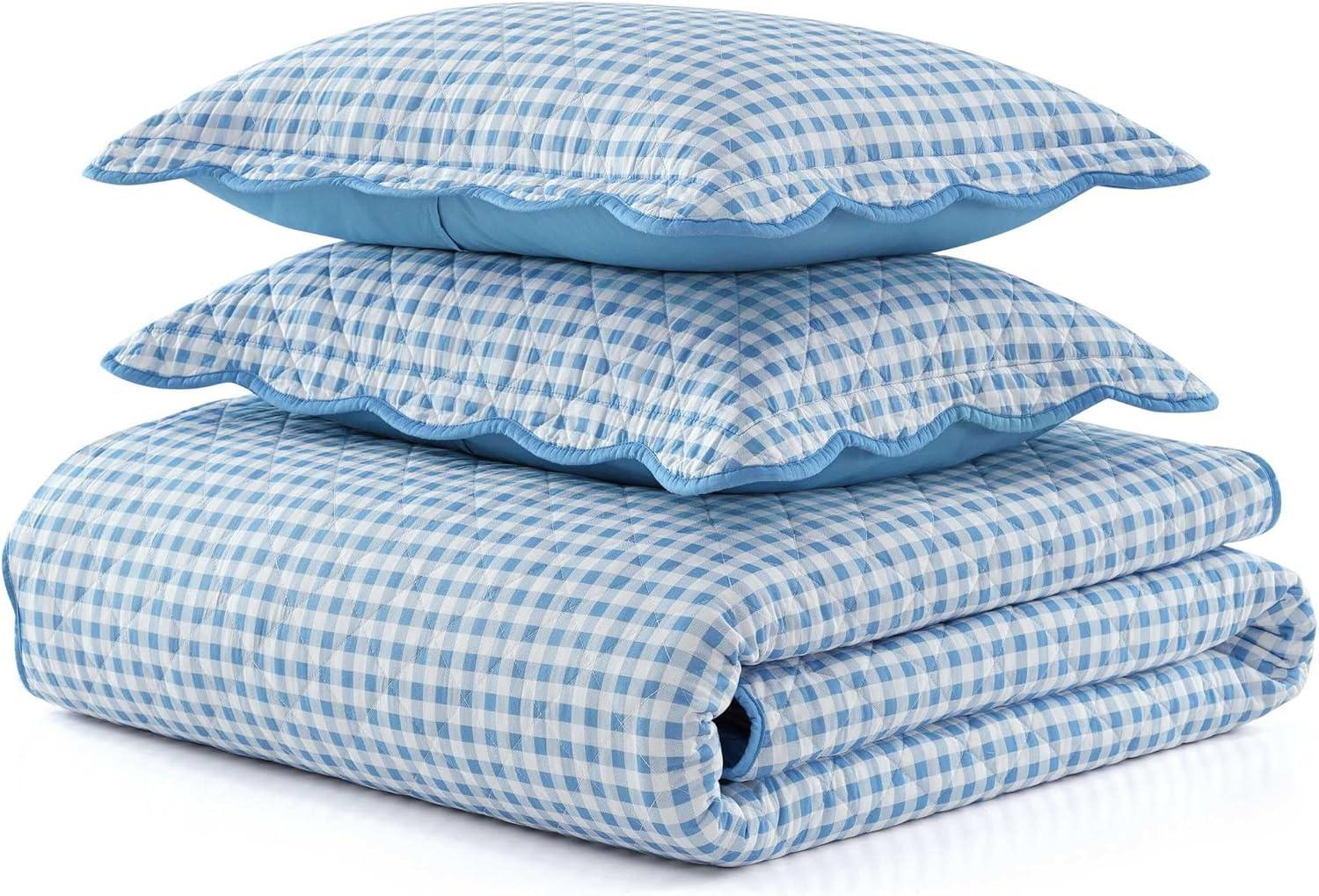 image:imageMartha Stewart Queen Size Quilt Set Soft amp Smooth Sateen Bedding with a Light and Breathable Feel 3 Piece Bed Set with Matching Pillowcases Fern Embroidery GreyOlivia Gingham Blue