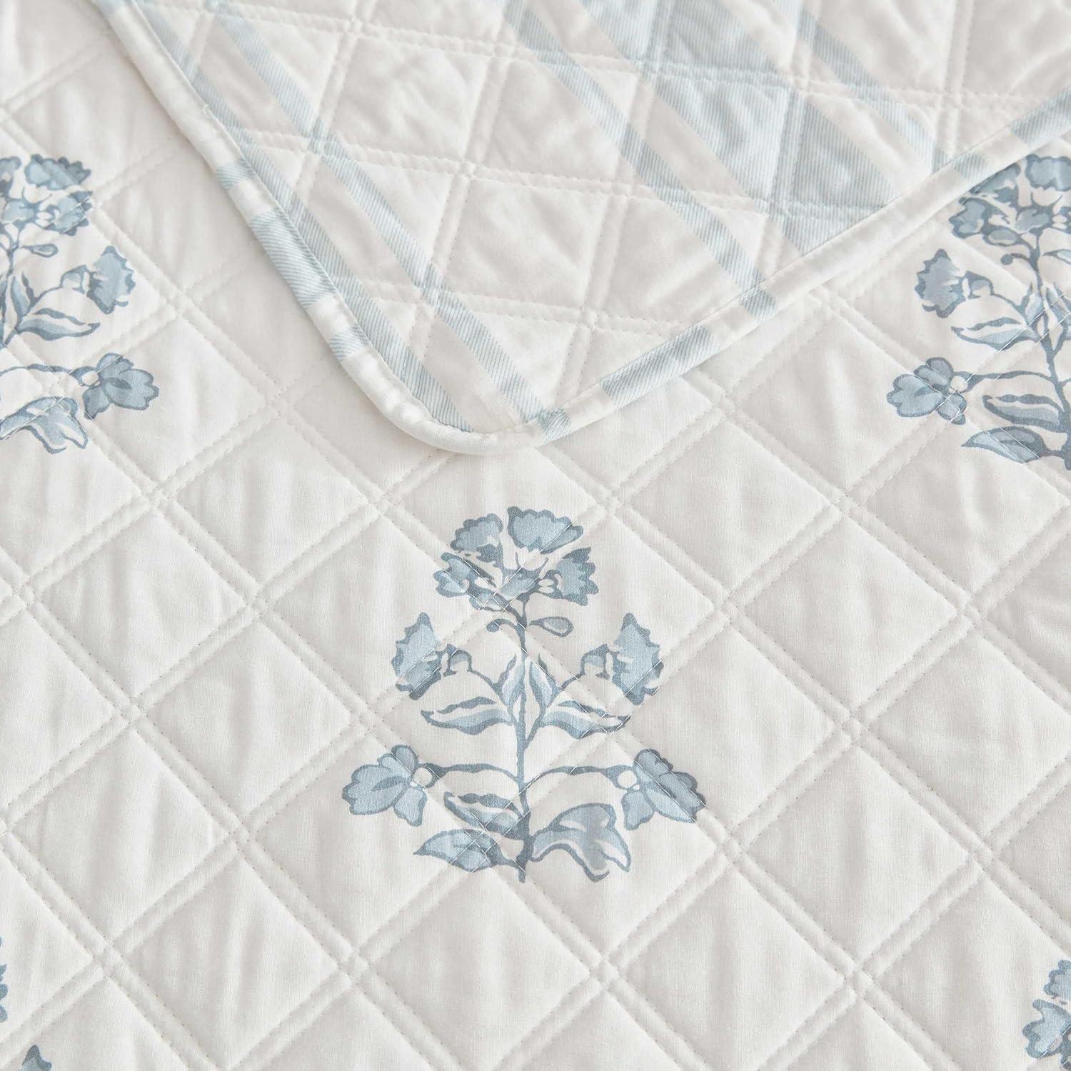 image:imageMartha Stewart Queen Size Quilt Set Soft amp Smooth Sateen Bedding with a Light and Breathable Feel 3 Piece Bed Set with Matching Pillowcases Fern Embroidery GreyFlower Block Blue