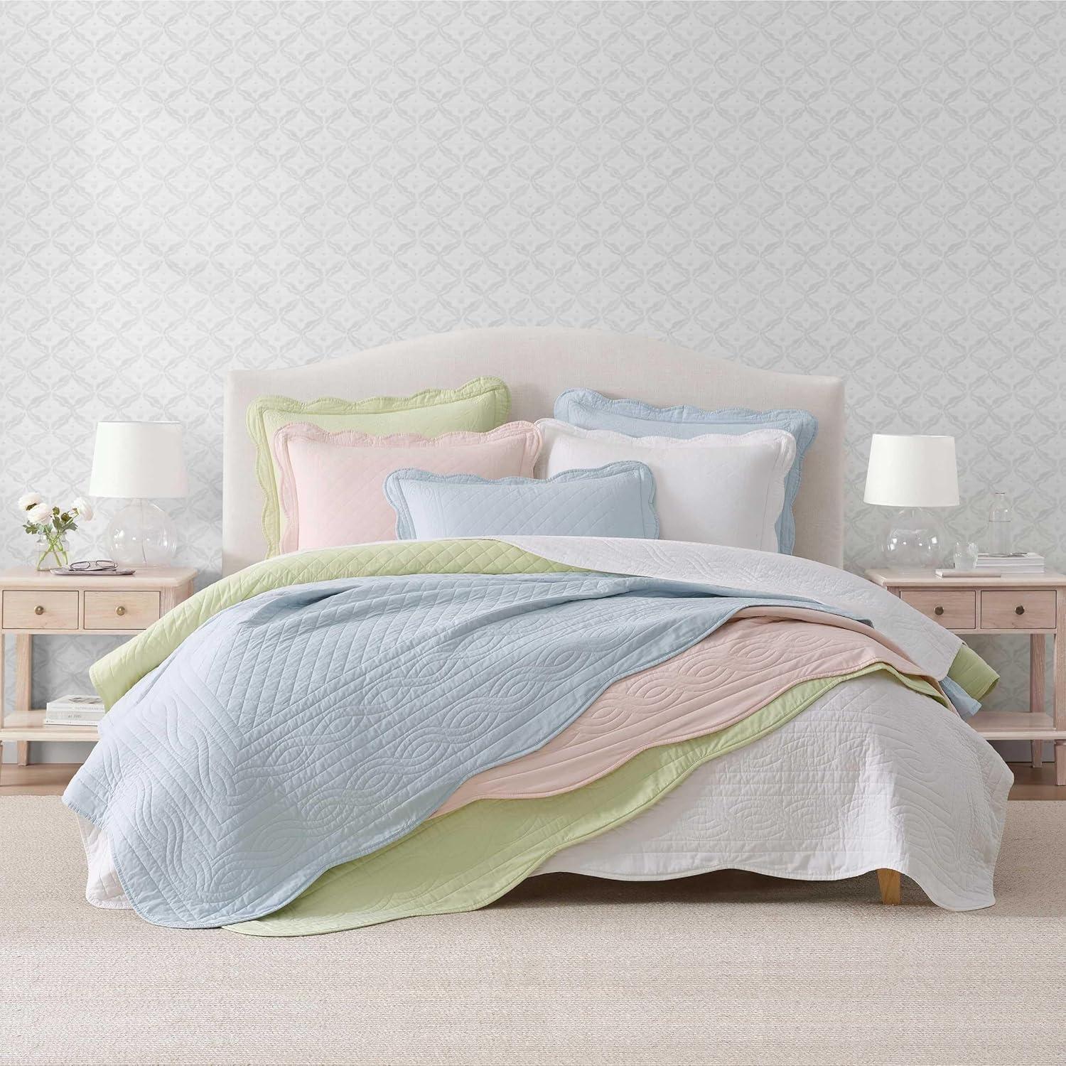 image:imageMartha Stewart Queen Size Quilt Set Soft amp Smooth Sateen Bedding with a Light and Breathable Feel 3 Piece Bed Set with Matching Pillowcases Fern Embroidery GreyVintage Scallop Pink
