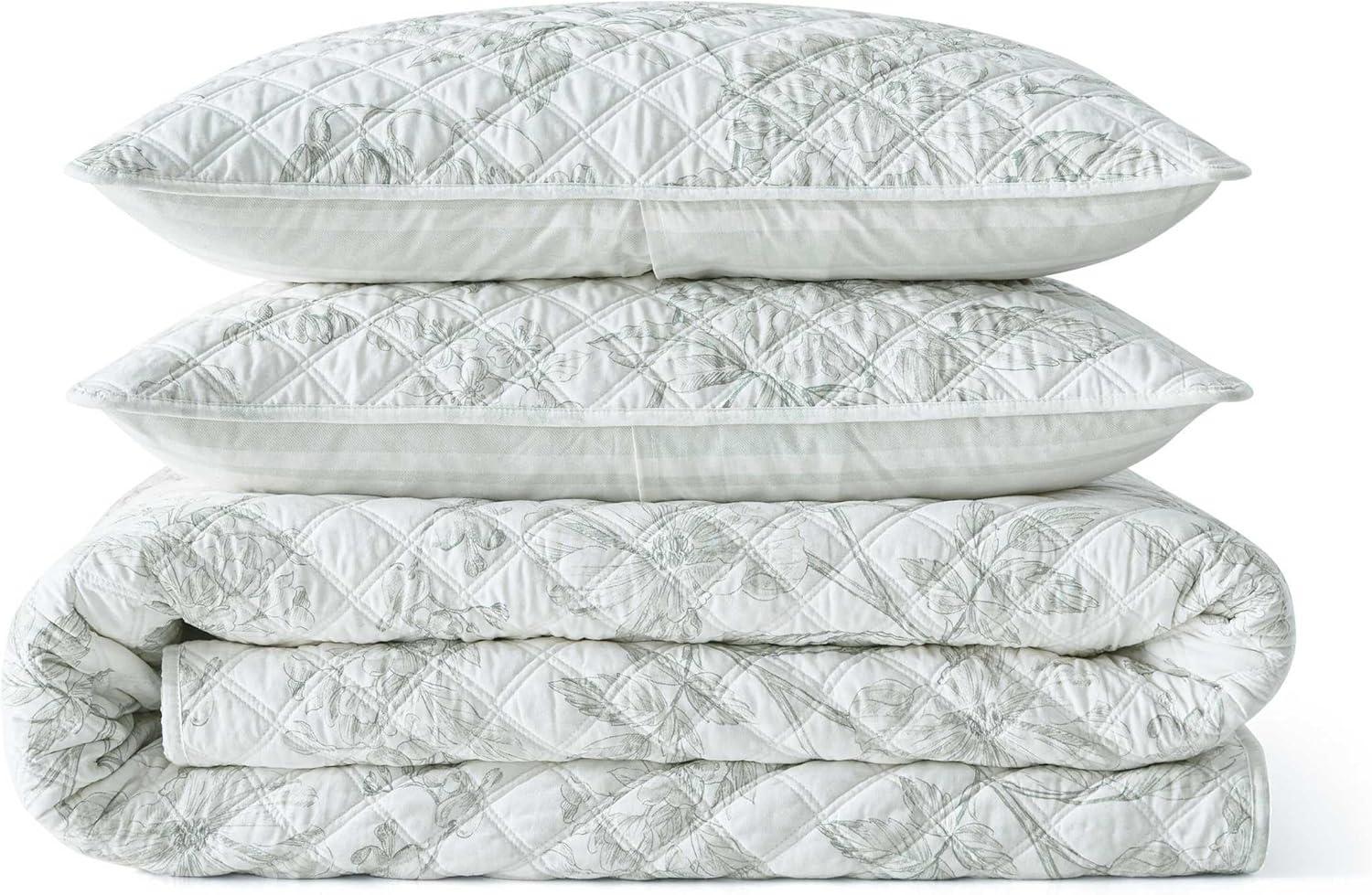 image:imageMartha Stewart Queen Size Quilt Set Soft amp Smooth Sateen Bedding with a Light and Breathable Feel 3 Piece Bed Set with Matching Pillowcases Fern Embroidery GreyVine Flora Green