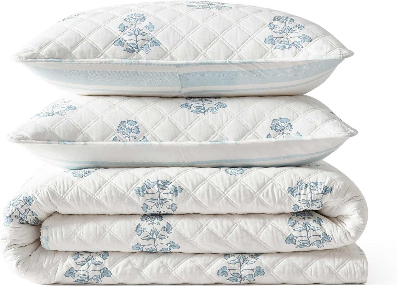 image:imageMartha Stewart Queen Size Quilt Set Soft amp Smooth Sateen Bedding with a Light and Breathable Feel 3 Piece Bed Set with Matching Pillowcases Fern Embroidery GreyFlower Block Blue