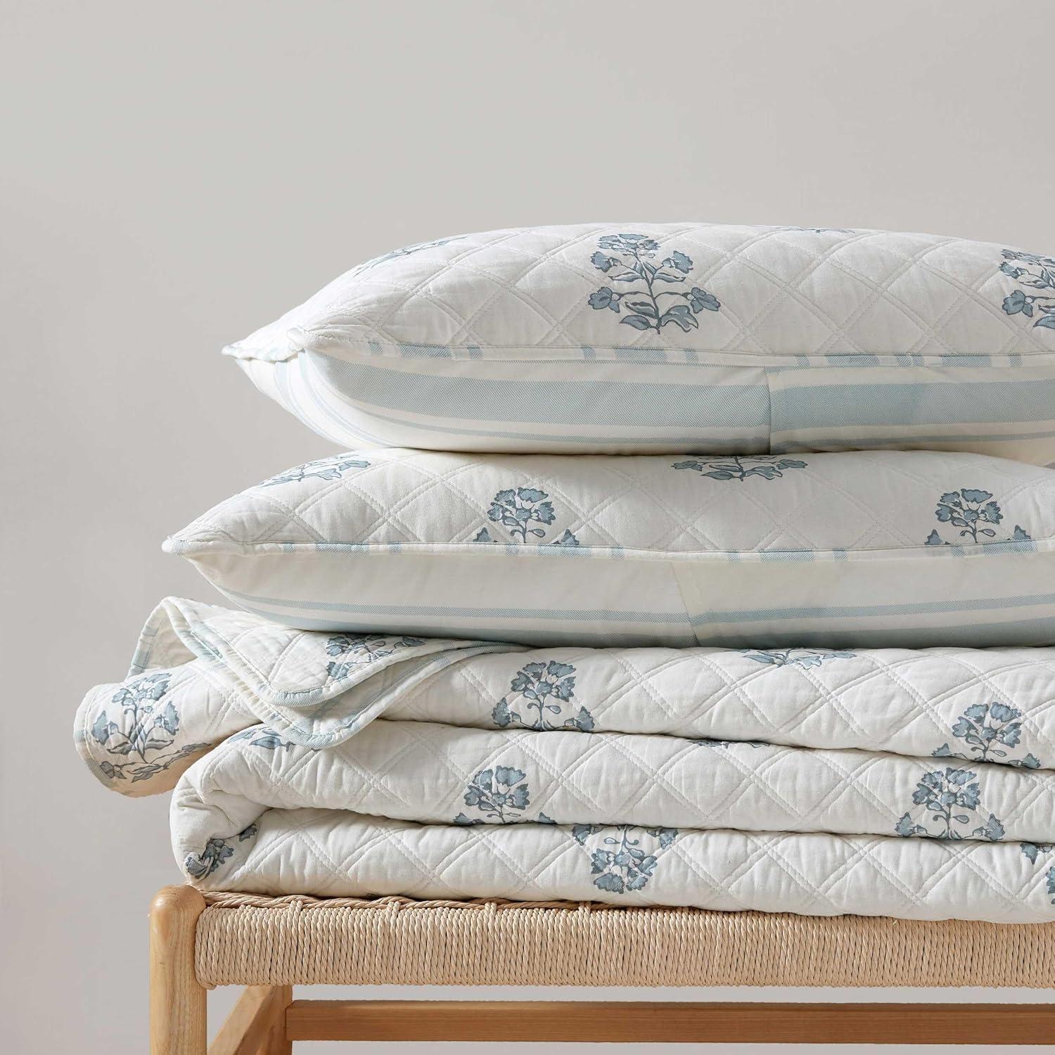 image:imageMartha Stewart Queen Size Quilt Set Soft amp Smooth Sateen Bedding with a Light and Breathable Feel 3 Piece Bed Set with Matching Pillowcases Fern Embroidery GreyFlower Block Blue