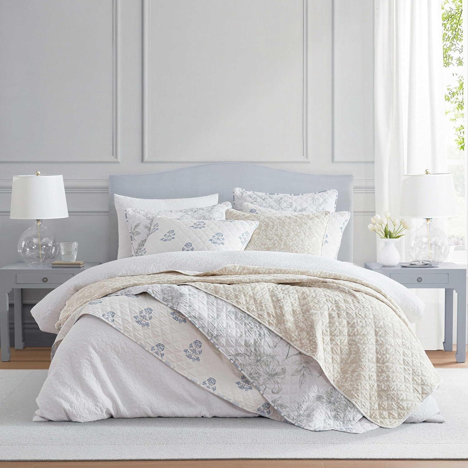 image:imageMartha Stewart Queen Size Quilt Set Soft amp Smooth Sateen Bedding with a Light and Breathable Feel 3 Piece Bed Set with Matching Pillowcases Fern Embroidery GreyLayered Branches Beige