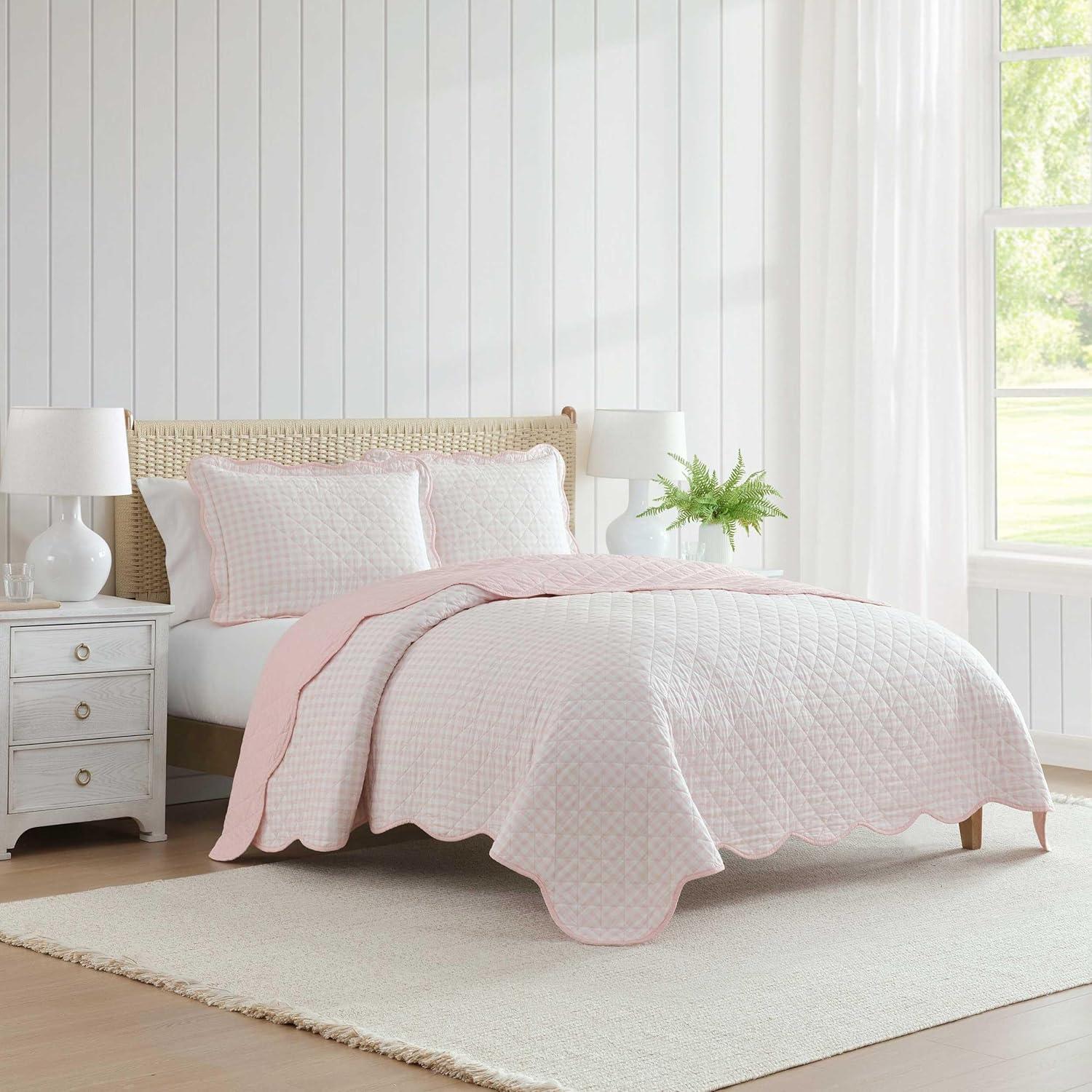 image:imageMartha Stewart Queen Size Quilt Set Soft amp Smooth Sateen Bedding with a Light and Breathable Feel 3 Piece Bed Set with Matching Pillowcases Fern Embroidery GreyOlivia Gingham Pink