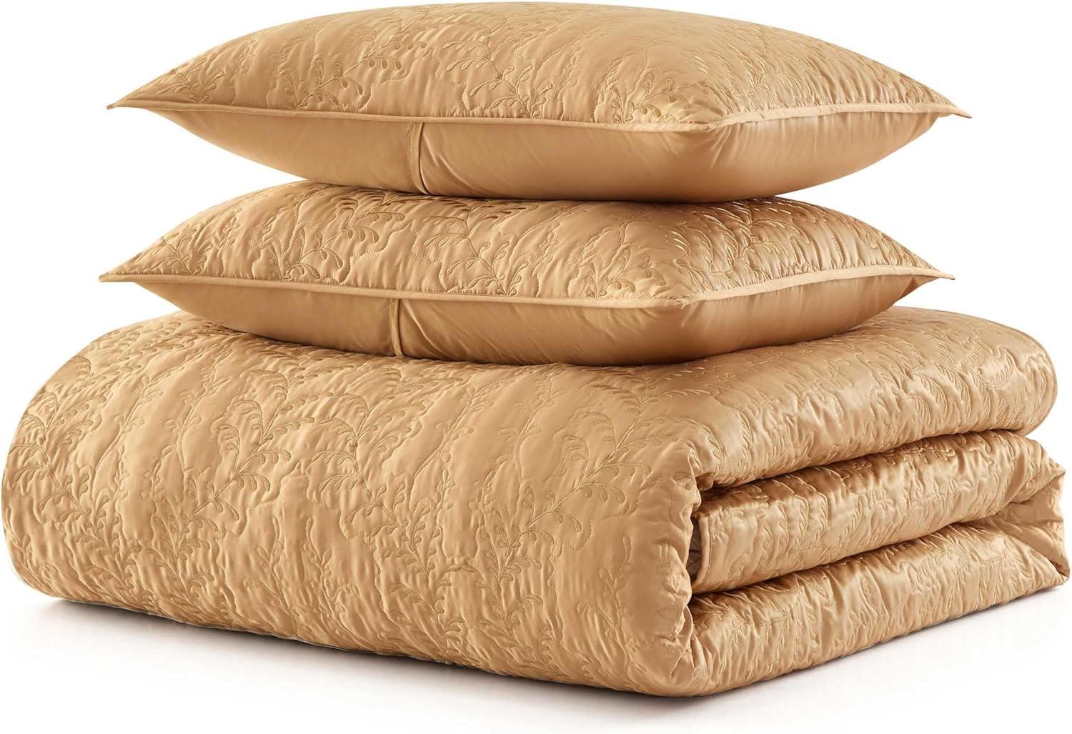 image:imageMartha Stewart Queen Size Quilt Set Soft amp Smooth Sateen Bedding with a Light and Breathable Feel 3 Piece Bed Set with Matching Pillowcases Fern Embroidery GreyFern Embroidery Beige