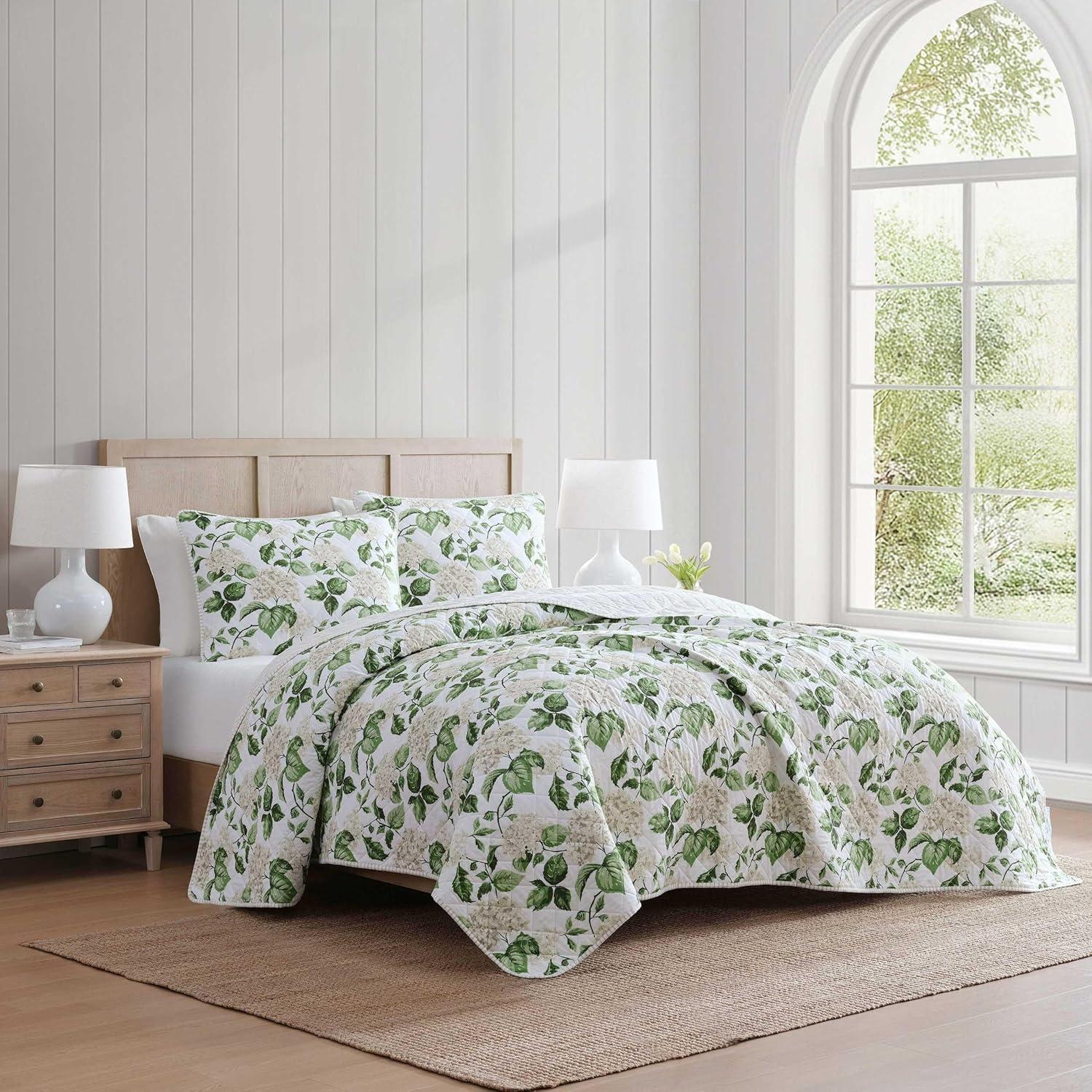 image:imageMartha Stewart Queen Size Quilt Set Soft amp Smooth Sateen Bedding with a Light and Breathable Feel 3 Piece Bed Set with Matching Pillowcases Fern Embroidery GreyHydrangea Floral Beige