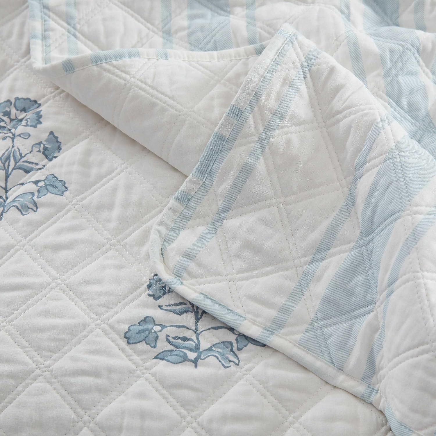 image:imageMartha Stewart Queen Size Quilt Set Soft amp Smooth Sateen Bedding with a Light and Breathable Feel 3 Piece Bed Set with Matching Pillowcases Fern Embroidery GreyFlower Block Blue