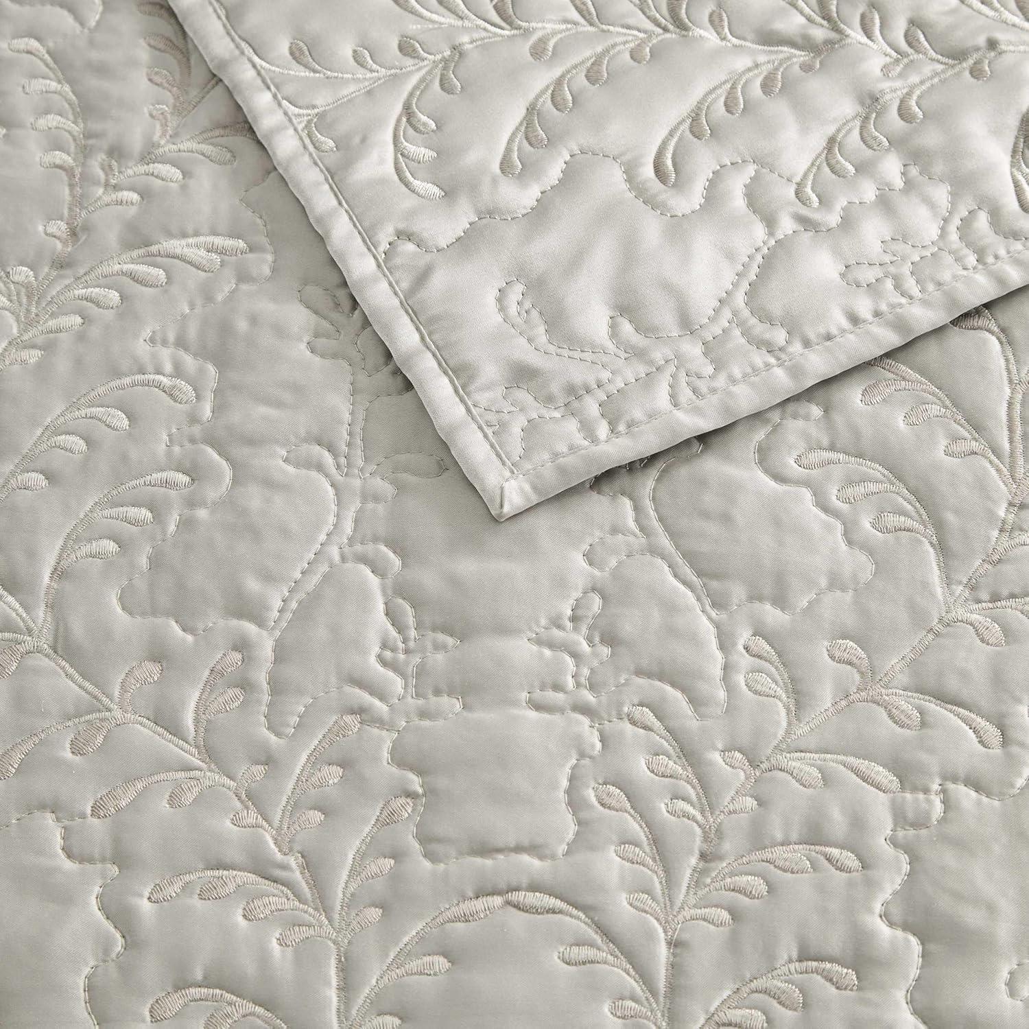 image:imageMartha Stewart Queen Size Quilt Set Soft amp Smooth Sateen Bedding with a Light and Breathable Feel 3 Piece Bed Set with Matching Pillowcases Fern Embroidery GreyFern Embroidery Grey