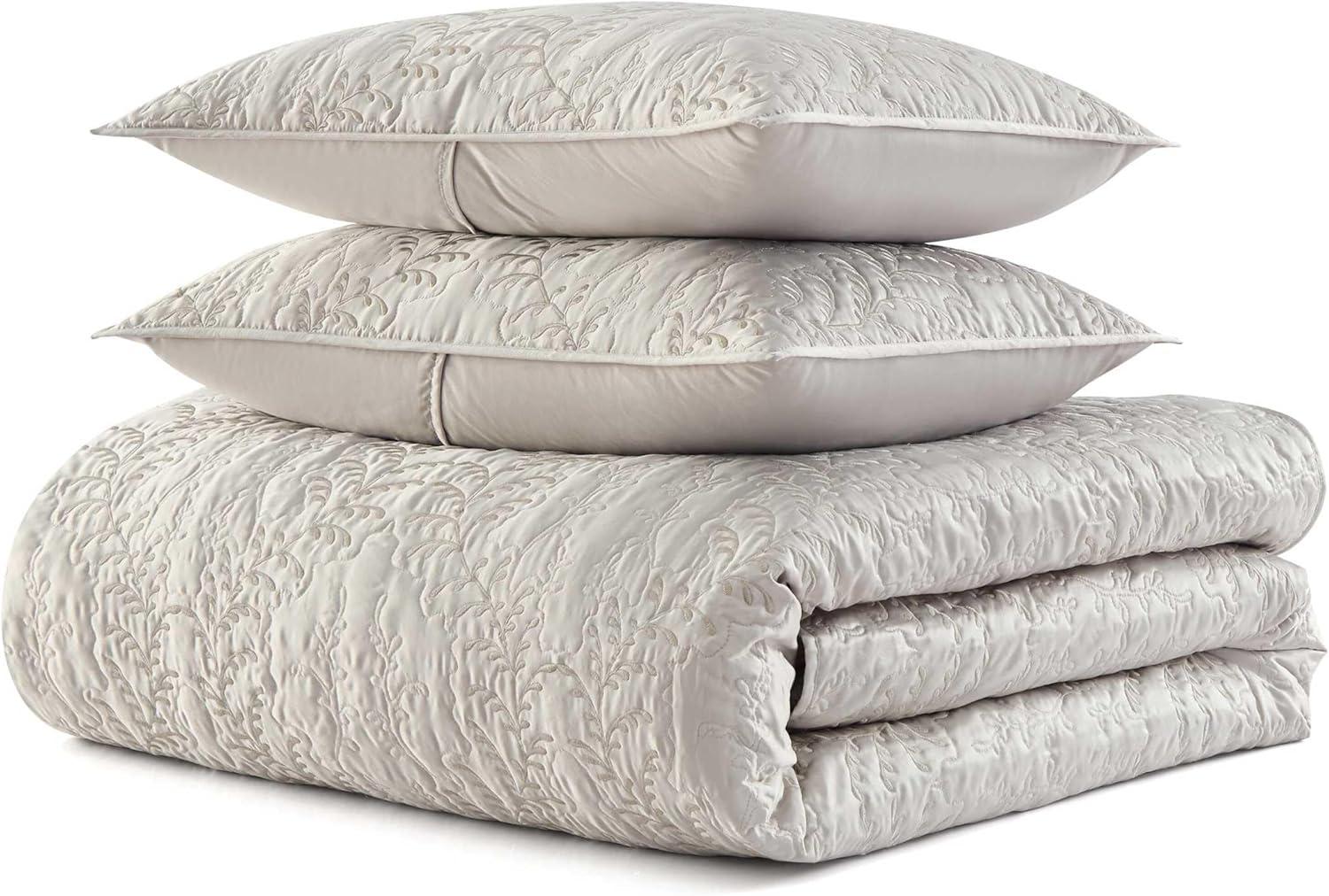 image:imageMartha Stewart Queen Size Quilt Set Soft amp Smooth Sateen Bedding with a Light and Breathable Feel 3 Piece Bed Set with Matching Pillowcases Fern Embroidery GreyFern Embroidery Grey