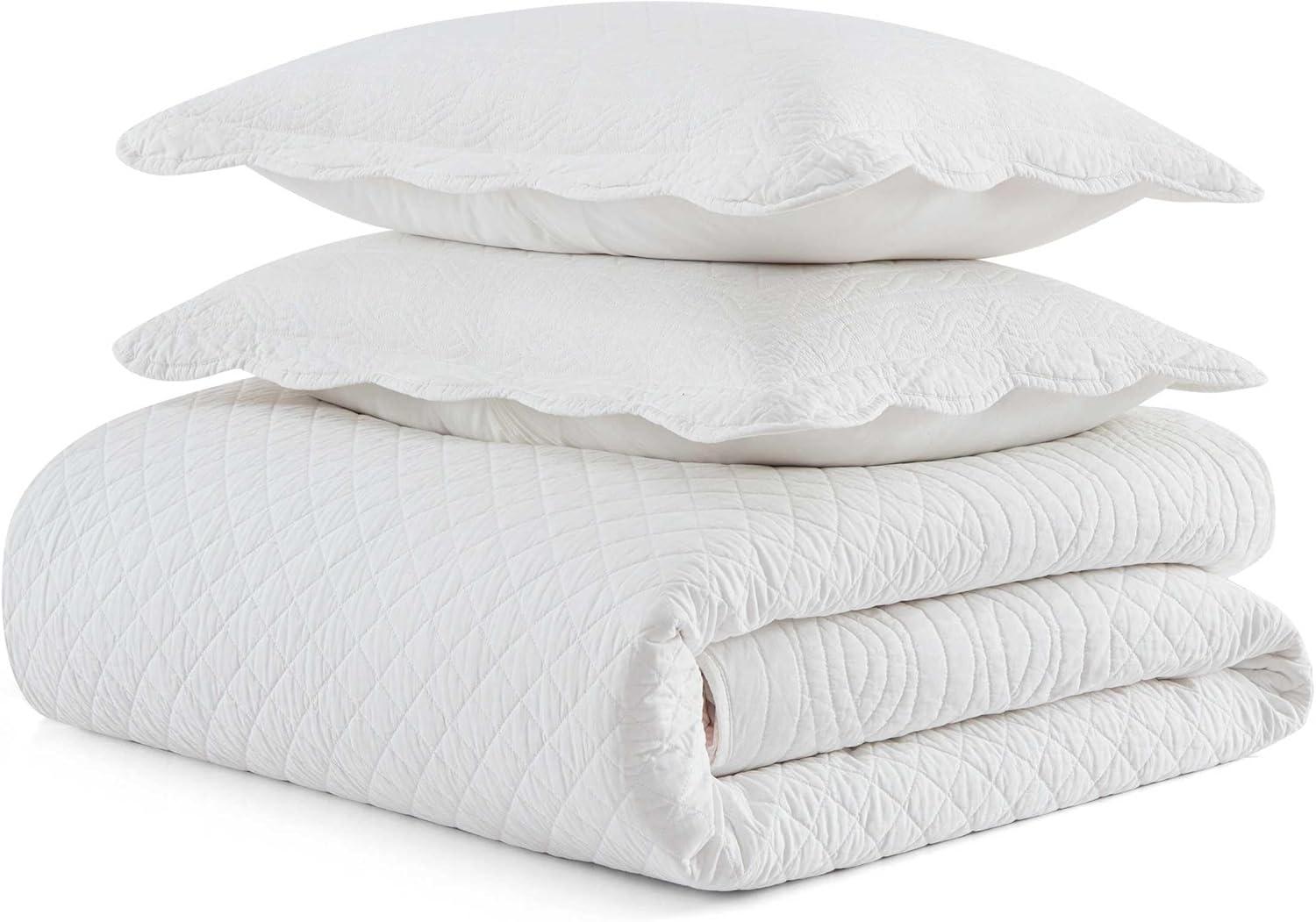 image:imageMartha Stewart Queen Size Quilt Set Soft amp Smooth Sateen Bedding with a Light and Breathable Feel 3 Piece Bed Set with Matching Pillowcases Fern Embroidery GreyVintage Scallop White