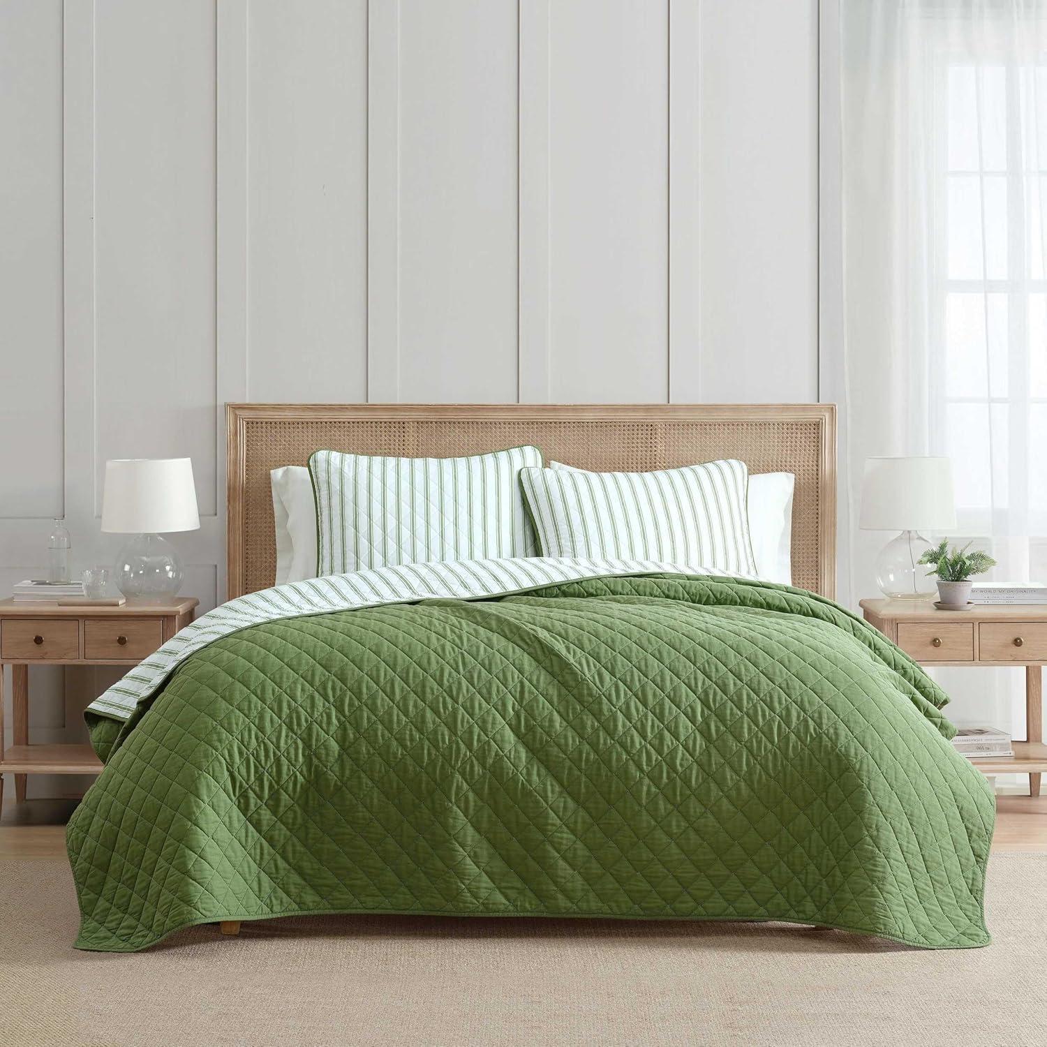 image:imageMartha Stewart Queen Size Quilt Set Soft amp Smooth Sateen Bedding with a Light and Breathable Feel 3 Piece Bed Set with Matching Pillowcases Fern Embroidery GreyTicking Stripe Green