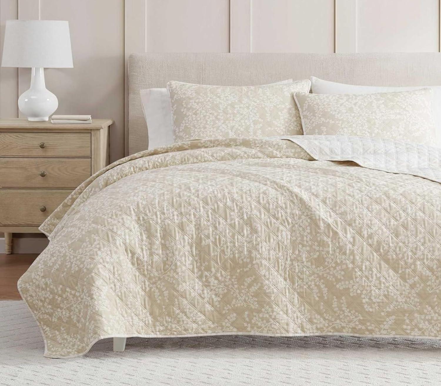 image:imageMartha Stewart Queen Size Quilt Set Soft amp Smooth Sateen Bedding with a Light and Breathable Feel 3 Piece Bed Set with Matching Pillowcases Fern Embroidery GreyLayered Branches Beige