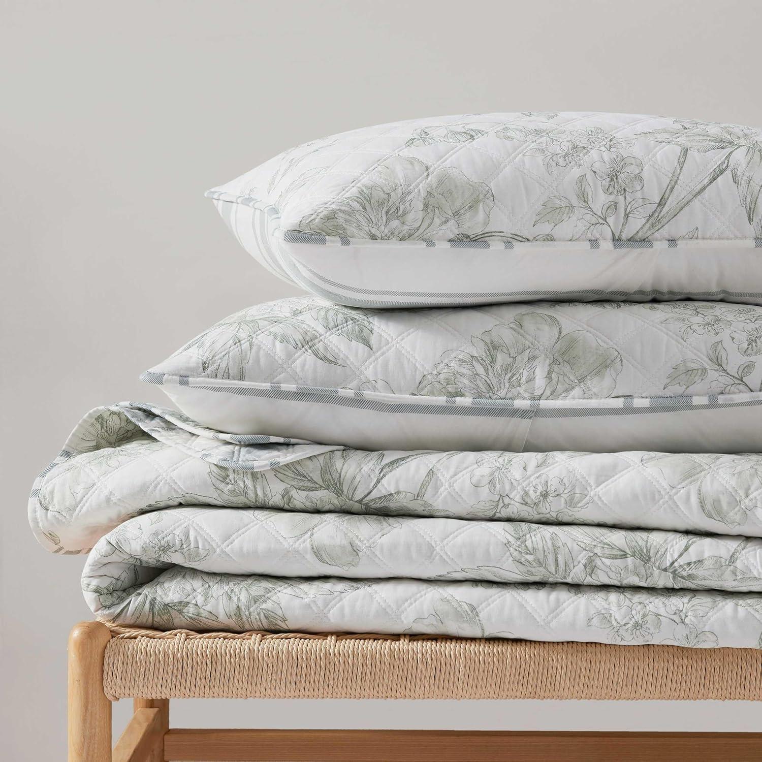 image:imageMartha Stewart Queen Size Quilt Set Soft amp Smooth Sateen Bedding with a Light and Breathable Feel 3 Piece Bed Set with Matching Pillowcases Fern Embroidery GreyVine Flora Green