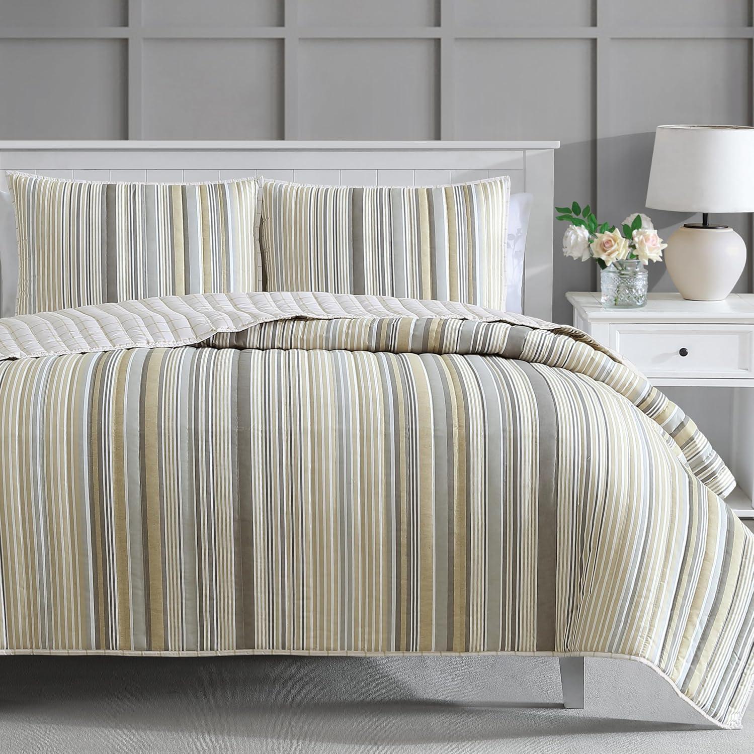 image:imageMartha Stewart Queen Size Quilt Set Soft amp Smooth Sateen Bedding with a Light and Breathable Feel 3 Piece Bed Set with Matching Pillowcases Fern Embroidery GreyLefferts Stripe