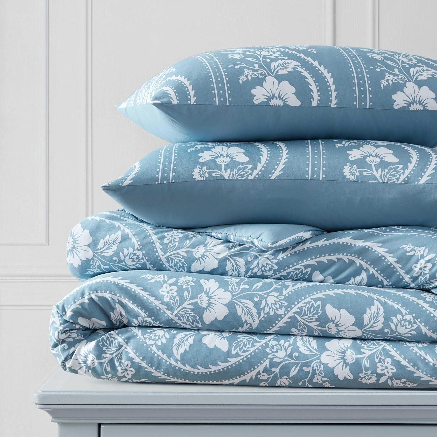 image:imageMartha Stewart Twin Duvet Cover Set 100 Smooth amp Silky Sateen Cotton Bedding 2 Piece Striped Bedding with Matching Pillowcase Verbena Stripe BlueElosie Floral Grey