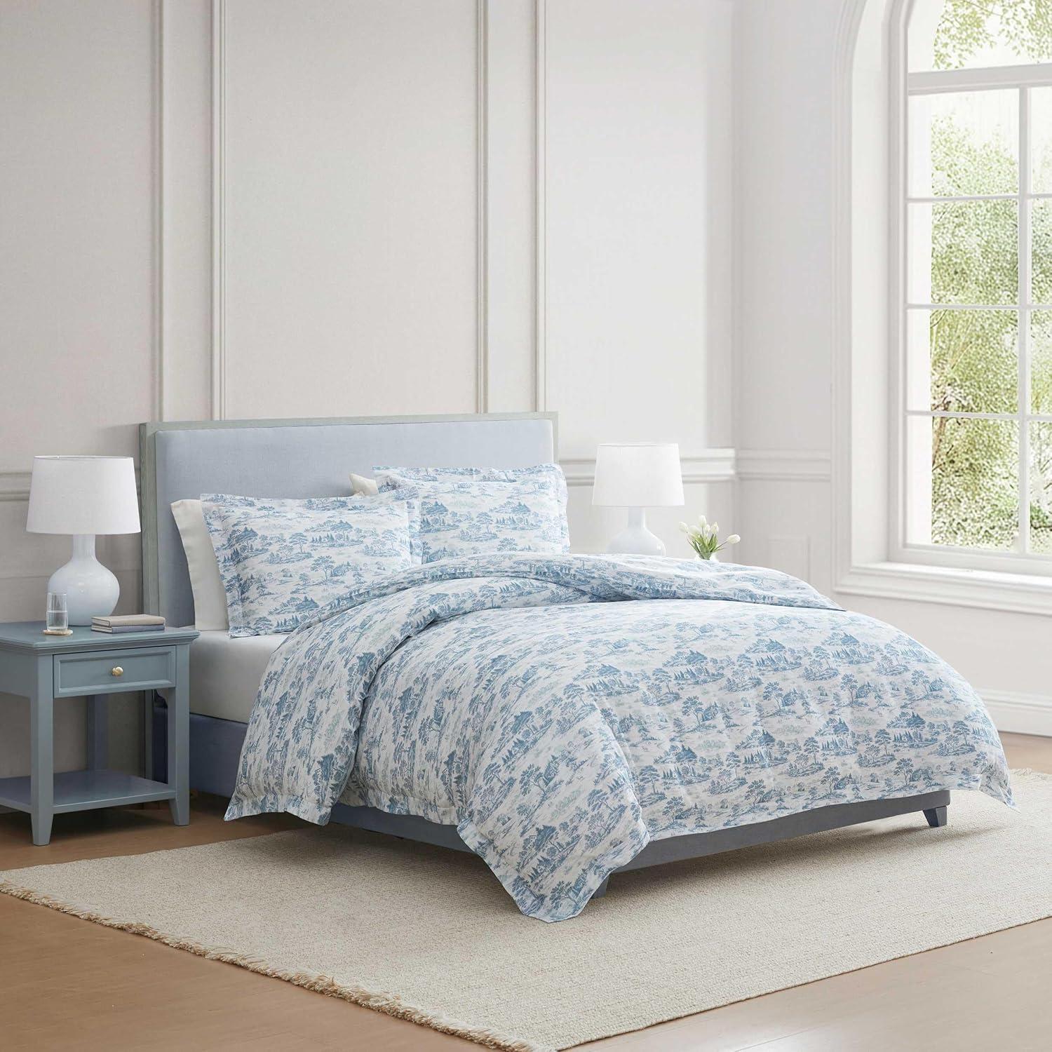 image:imageMartha Stewart Twin Duvet Cover Set 100 Smooth amp Silky Sateen Cotton Bedding 2 Piece Striped Bedding with Matching Pillowcase Verbena Stripe BlueFarmhouse Toile Blue