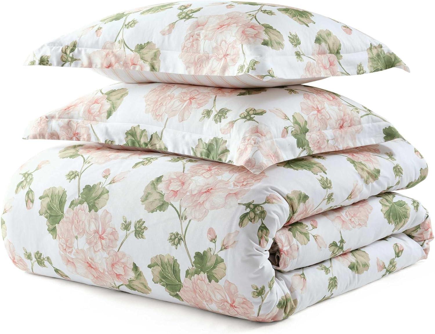 image:imageMartha Stewart Twin Duvet Cover Set 100 Smooth amp Silky Sateen Cotton Bedding 2 Piece Striped Bedding with Matching Pillowcase Verbena Stripe BlueGeranium Bloom Pink