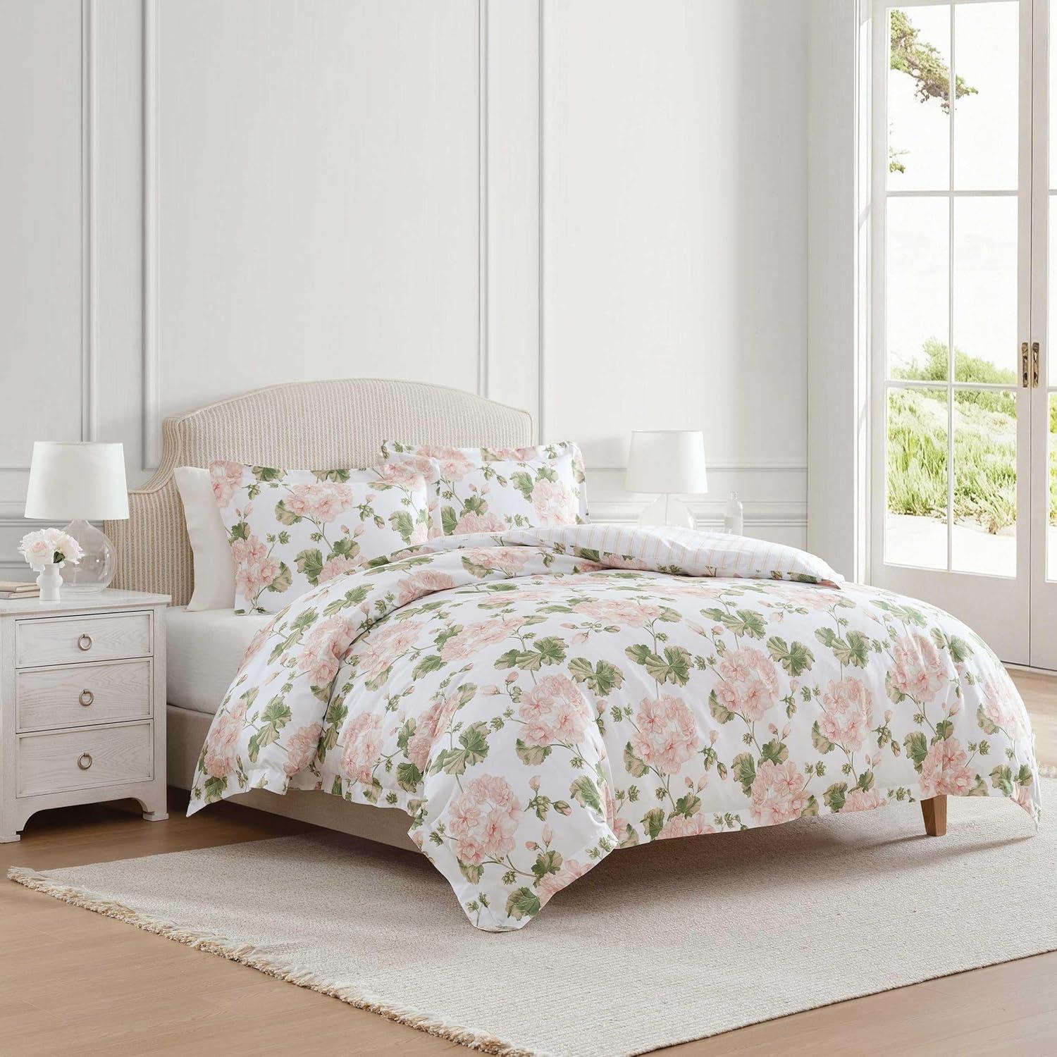 image:imageMartha Stewart Twin Duvet Cover Set 100 Smooth amp Silky Sateen Cotton Bedding 2 Piece Striped Bedding with Matching Pillowcase Verbena Stripe BlueGeranium Bloom Pink