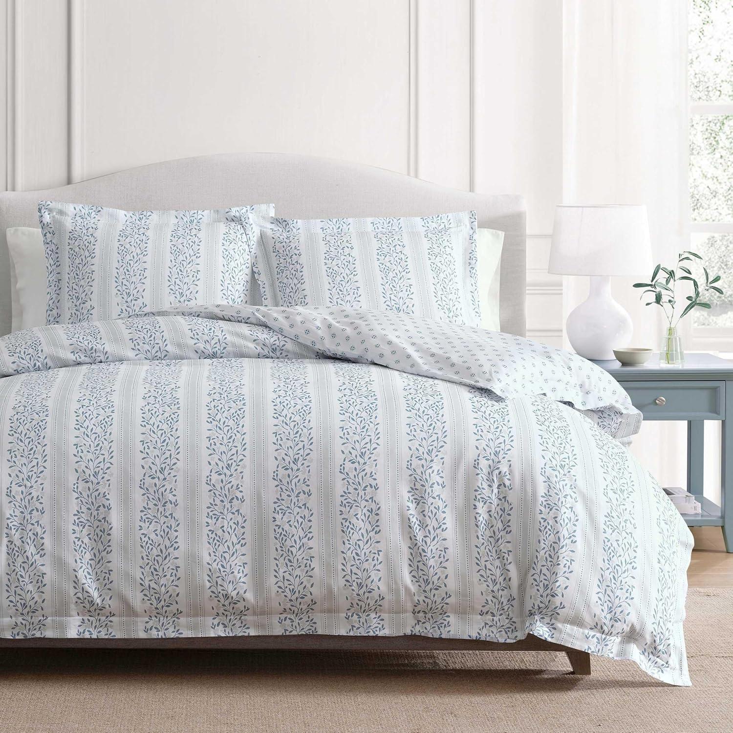 image:imageMartha Stewart Twin Duvet Cover Set 100 Smooth amp Silky Sateen Cotton Bedding 2 Piece Striped Bedding with Matching Pillowcase Verbena Stripe BlueVerbena Stripe Blue