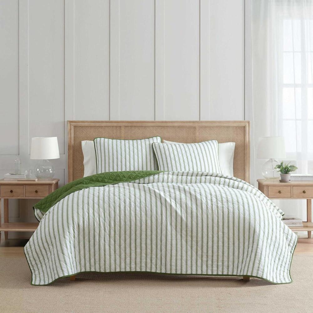 image:imageMartha Stewart Queen Size Quilt Set Soft amp Smooth Sateen Bedding with a Light and Breathable Feel 3 Piece Bed Set with Matching Pillowcases Fern Embroidery GreyTicking Stripe Green