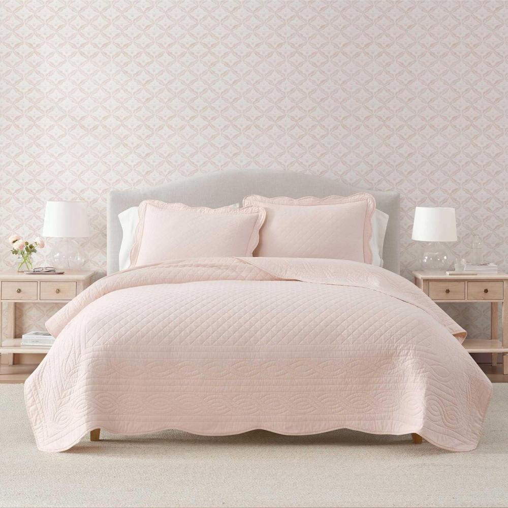 image:imageMartha Stewart Queen Size Quilt Set Soft amp Smooth Sateen Bedding with a Light and Breathable Feel 3 Piece Bed Set with Matching Pillowcases Fern Embroidery GreyVintage Scallop Pink