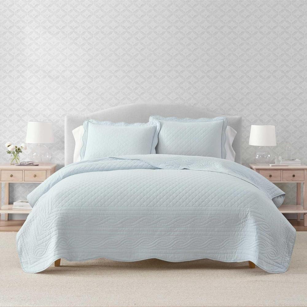 image:imageMartha Stewart Queen Size Quilt Set Soft amp Smooth Sateen Bedding with a Light and Breathable Feel 3 Piece Bed Set with Matching Pillowcases Fern Embroidery GreyVintage Scallop Blue