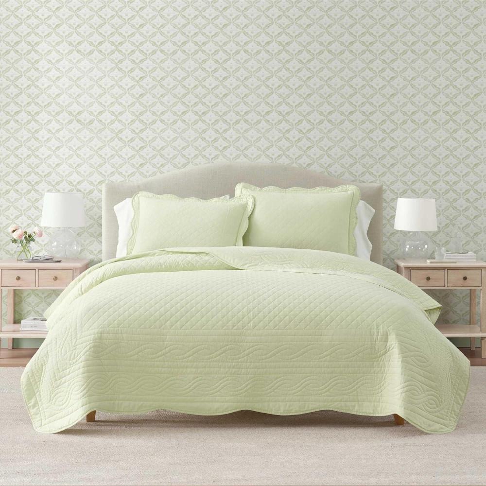 image:imageMartha Stewart  Queen Size Quilt Set Soft amp Smooth Sateen Bedding with a Light and Breathable Feel 3 Piece Bed Set with Matching Pillowcases Fern Embroidery GreyVintage Scallop Green