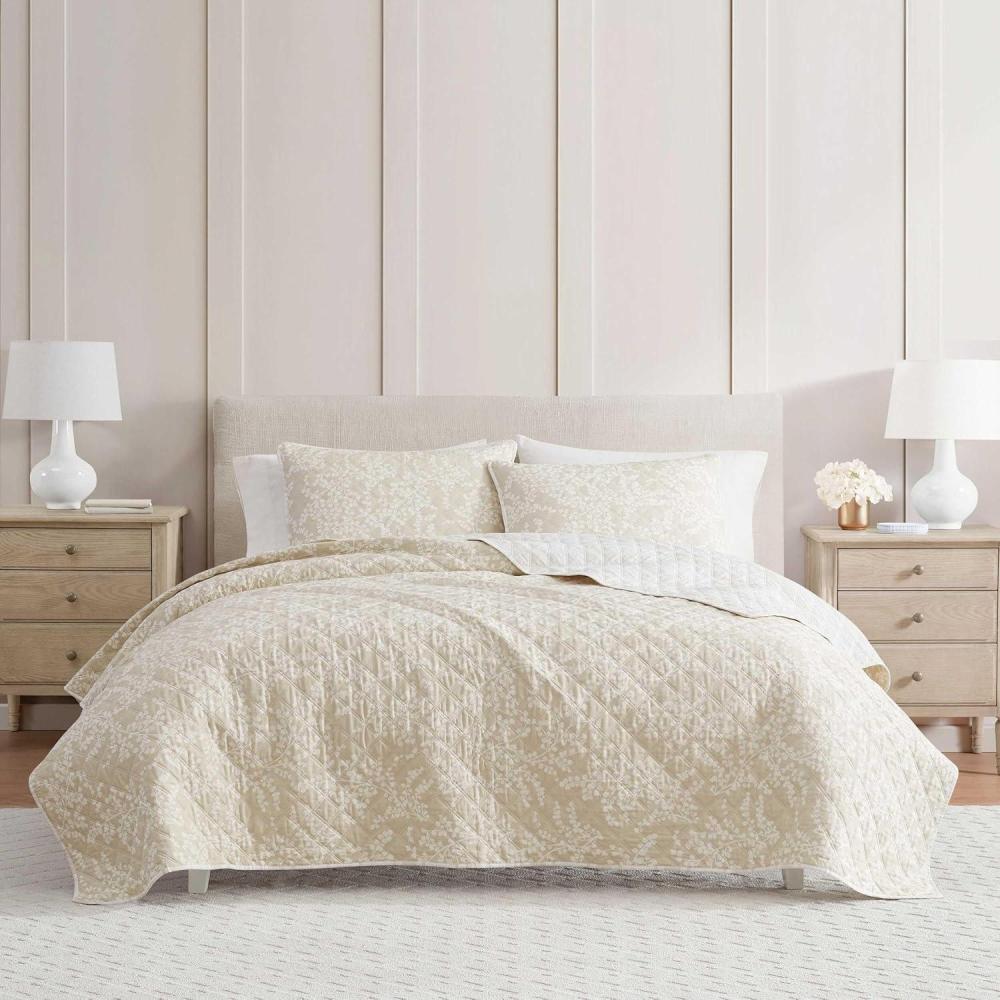 image:imageMartha Stewart Queen Size Quilt Set Soft amp Smooth Sateen Bedding with a Light and Breathable Feel 3 Piece Bed Set with Matching Pillowcases Fern Embroidery GreyLayered Branches Beige