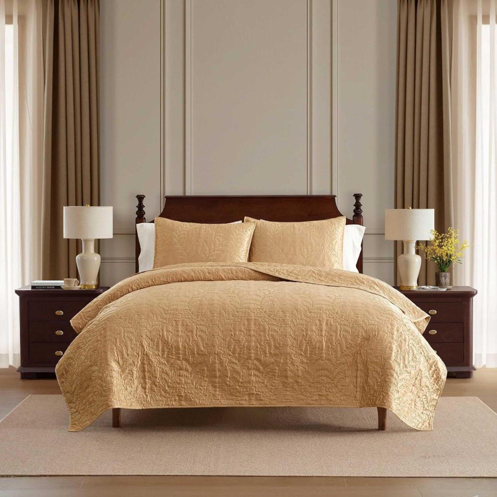 image:imageMartha Stewart Queen Size Quilt Set Soft amp Smooth Sateen Bedding with a Light and Breathable Feel 3 Piece Bed Set with Matching Pillowcases Fern Embroidery GreyFern Embroidery Beige