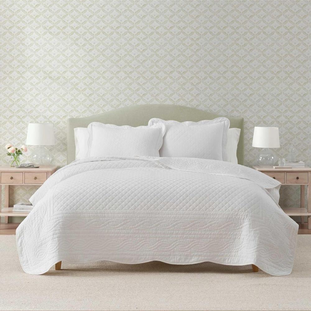 image:imageMartha Stewart Queen Size Quilt Set Soft amp Smooth Sateen Bedding with a Light and Breathable Feel 3 Piece Bed Set with Matching Pillowcases Fern Embroidery GreyVintage Scallop White