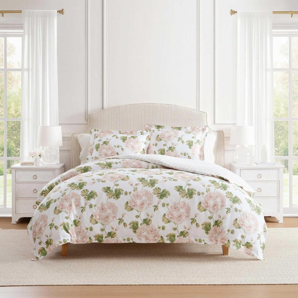 image:imageMartha Stewart Twin Duvet Cover Set 100 Smooth amp Silky Sateen Cotton Bedding 2 Piece Striped Bedding with Matching Pillowcase Verbena Stripe BlueGeranium Bloom Pink