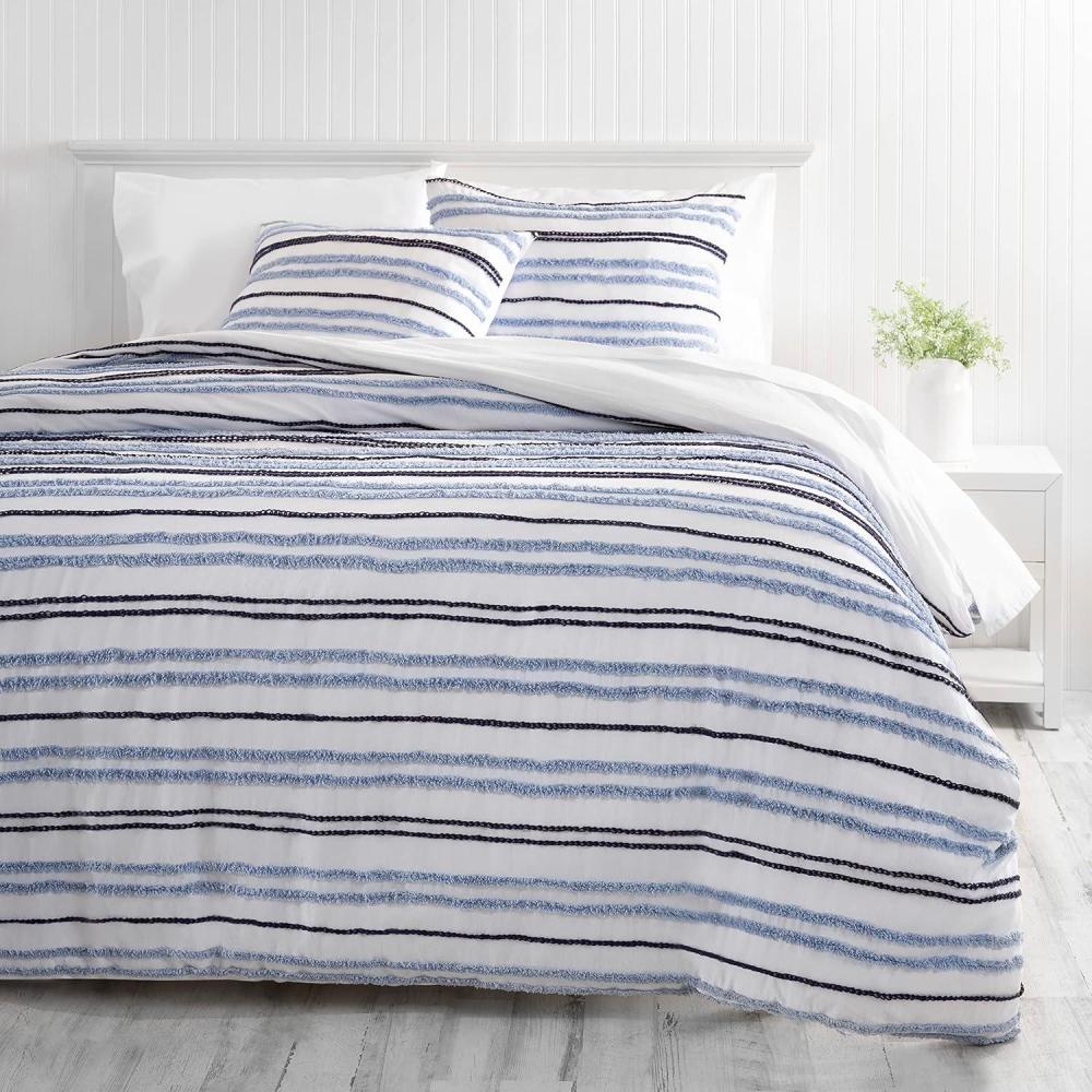 image:imageMartha Stewart  Twin Duvet Cover Set 100 Smooth amp Silky Sateen Cotton Bedding 2 Piece Striped Bedding with Matching Pillowcase Verbena Stripe BlueSoft BlueNavy