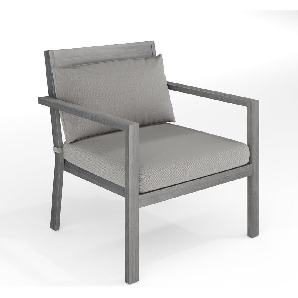 image:imageMartha Stewart Bedford IndoorOutdoor Aluminum Patio Accent Chairs with Brushed Woodgrain Finish in Gray and Gray AllWeather Cushions Set of 2Grey
