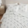 Martha Stewart – Queen Size Quilt Set, Soft & Smooth Sateen Bedding with a Light and Breathable Feel, 3 Piece Bed Set with Matching Pillowcases (Fern Embroidery Grey)(Flower Block Blue)