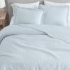 Martha Stewart – Queen Size Quilt Set, Soft & Smooth Sateen Bedding with a Light and Breathable Feel, 3 Piece Bed Set with Matching Pillowcases (Fern Embroidery Grey)(Vintage Scallop Blue)