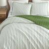 Martha Stewart – Queen Size Quilt Set, Soft & Smooth Sateen Bedding with a Light and Breathable Feel, 3 Piece Bed Set with Matching Pillowcases (Fern Embroidery Grey)(Ticking Stripe Green)