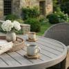 Martha Stewart Bedford 36″ Round Indoor-Outdoor Aluminum Patio Dining Table with Trestle Base, Accommodates up to 4 Adults, Brushed Brown Woodgrain Finish(Grey)