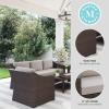 Martha Stewart Bedford 4-Piece Indoor-Outdoor Conversation Set with Sofa, 2 Accent Chairs, and Coffee Table in Gray Rattan Wicker with Gray All-Weather Cushions(Tan Cushions/Brown Frame)