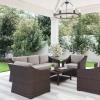 Martha Stewart Bedford 4-Piece Indoor-Outdoor Conversation Set with Sofa, 2 Accent Chairs, and Coffee Table in Gray Rattan Wicker with Gray All-Weather Cushions(Tan Cushions/Brown Frame)