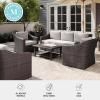Martha Stewart Bedford 4-Piece Indoor-Outdoor Conversation Set with Sofa, 2 Accent Chairs, and Coffee Table in Gray Rattan Wicker with Gray All-Weather Cushions(Tan Cushions/Brown Frame)