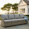 Martha Stewart Lily Pond Indoor-Outdoor 4-Seat Patio Sofa in Weathered Gray Rattan Wicker, All-Weather Gray Back and Seat Cushions, 300 Lb. Static Weight Per Seat